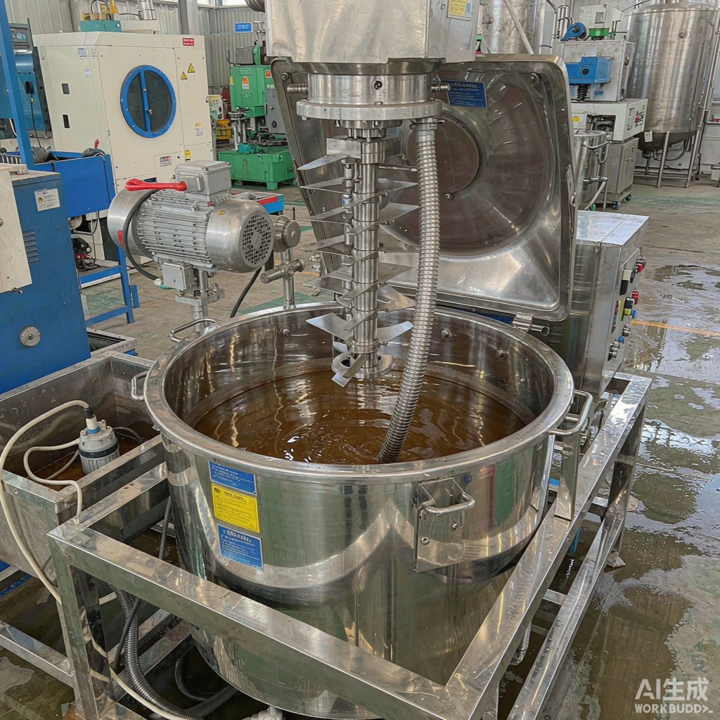 Industrial emulsification mixer machine processing liquids in a factory