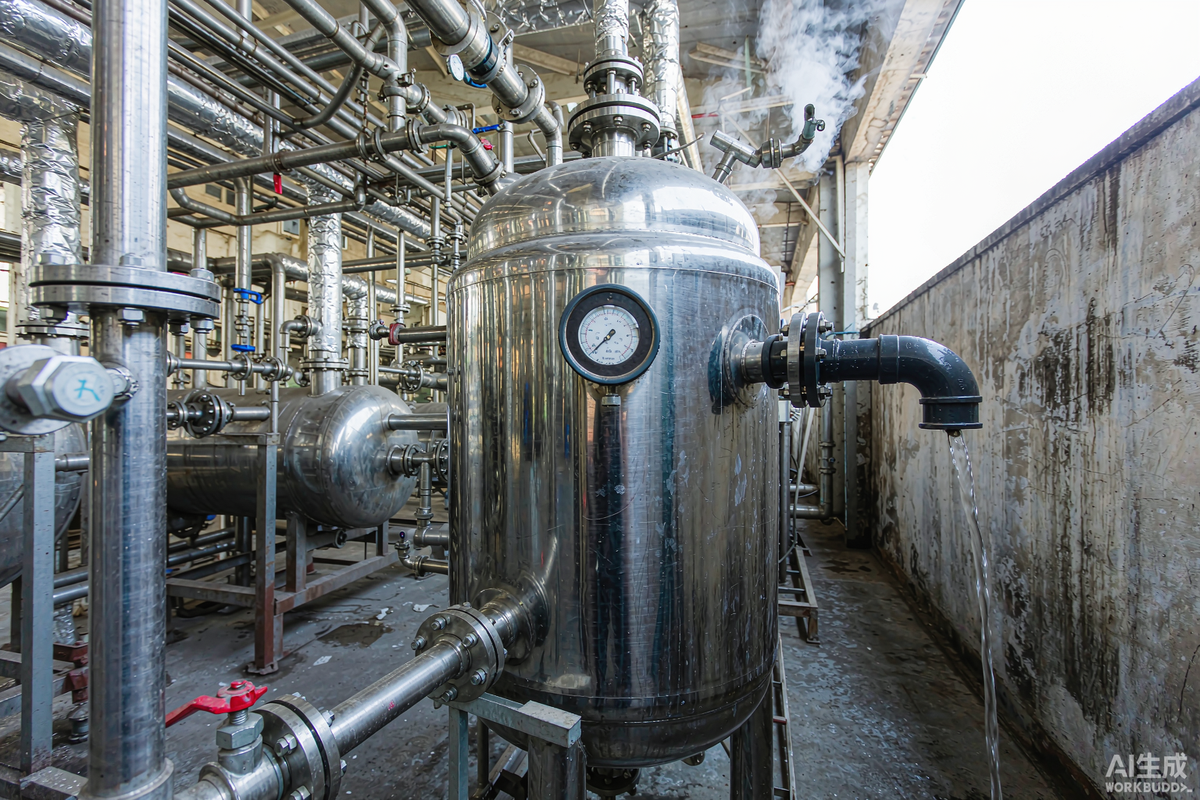 Stainless steel resin reactor vessel inside a chemical plant