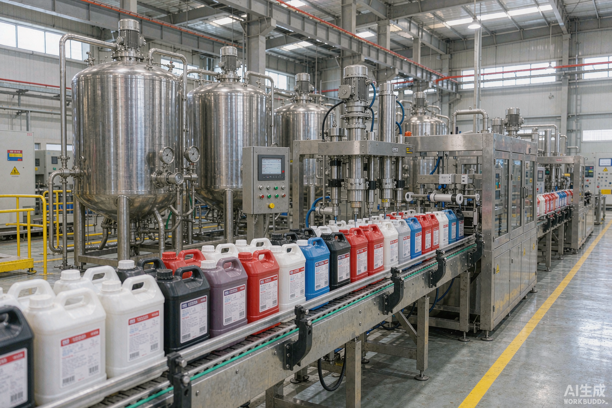 Paint production line with mixing, dispersing and filling equipment in a factory
