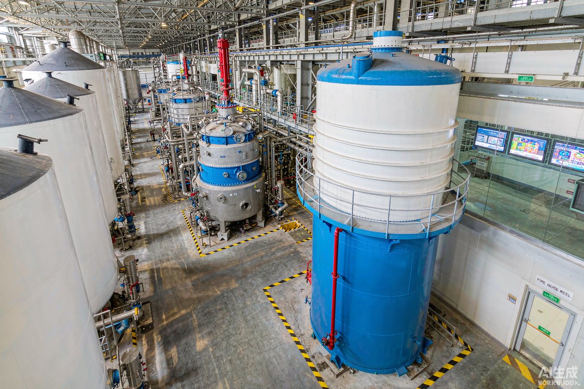 Modern paint manufacturing plant with mixing tanks and control room