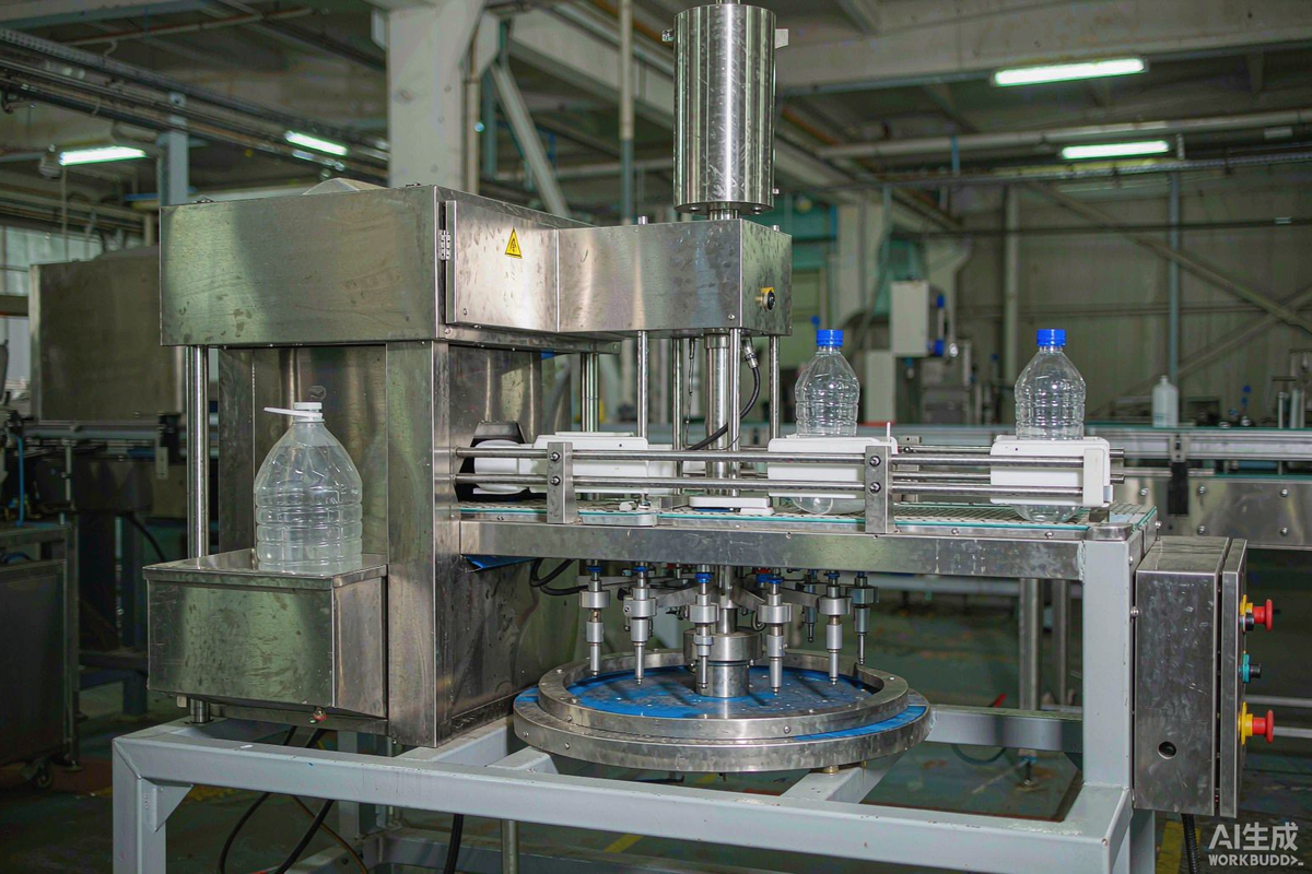 Automatic liquid filling and capping machine on a factory production line