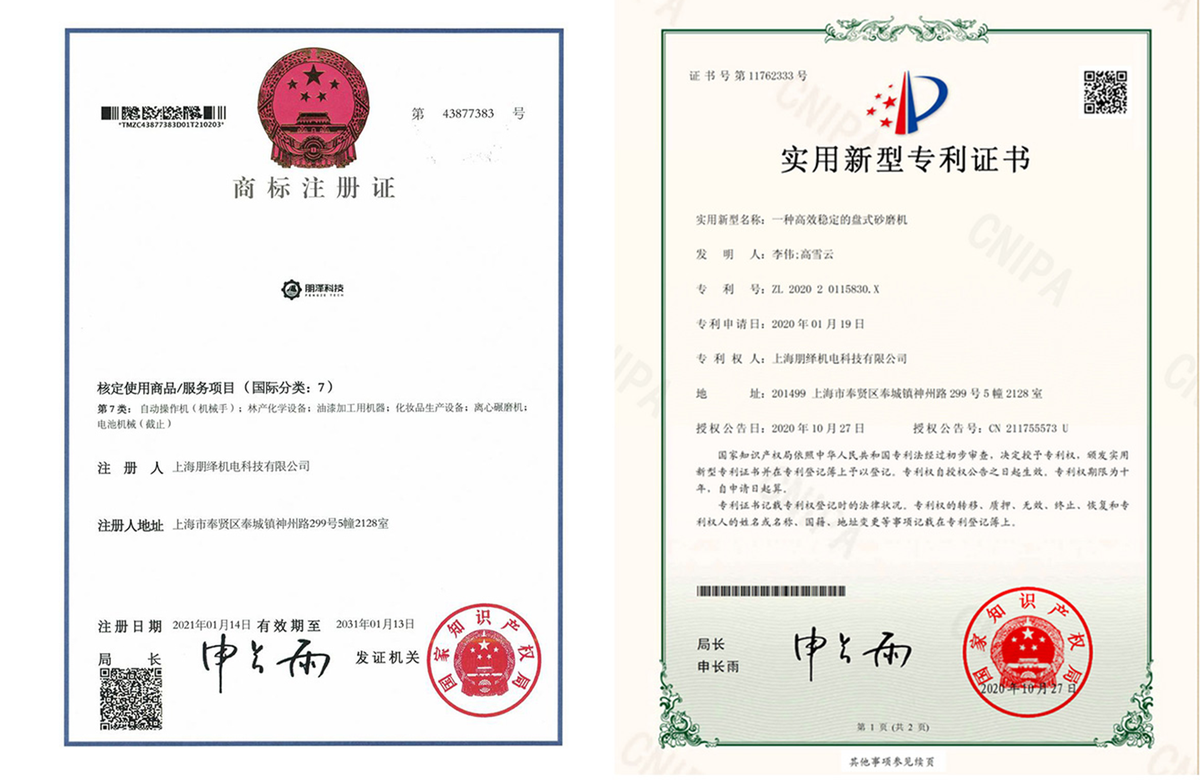 Patent certificates of POLYC bead mills confirming proprietary grinding technology