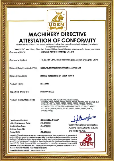 CE Machinery Directive Attestation: Bead Mill