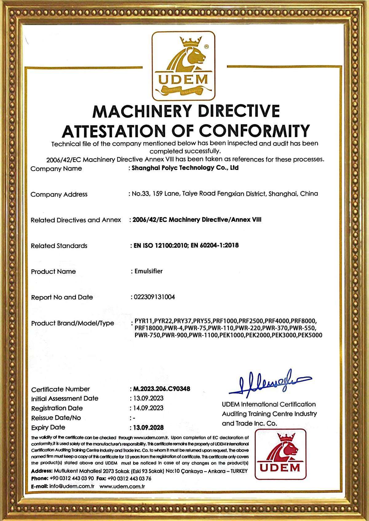 CE Machinery Directive Attestation: Emulsifier