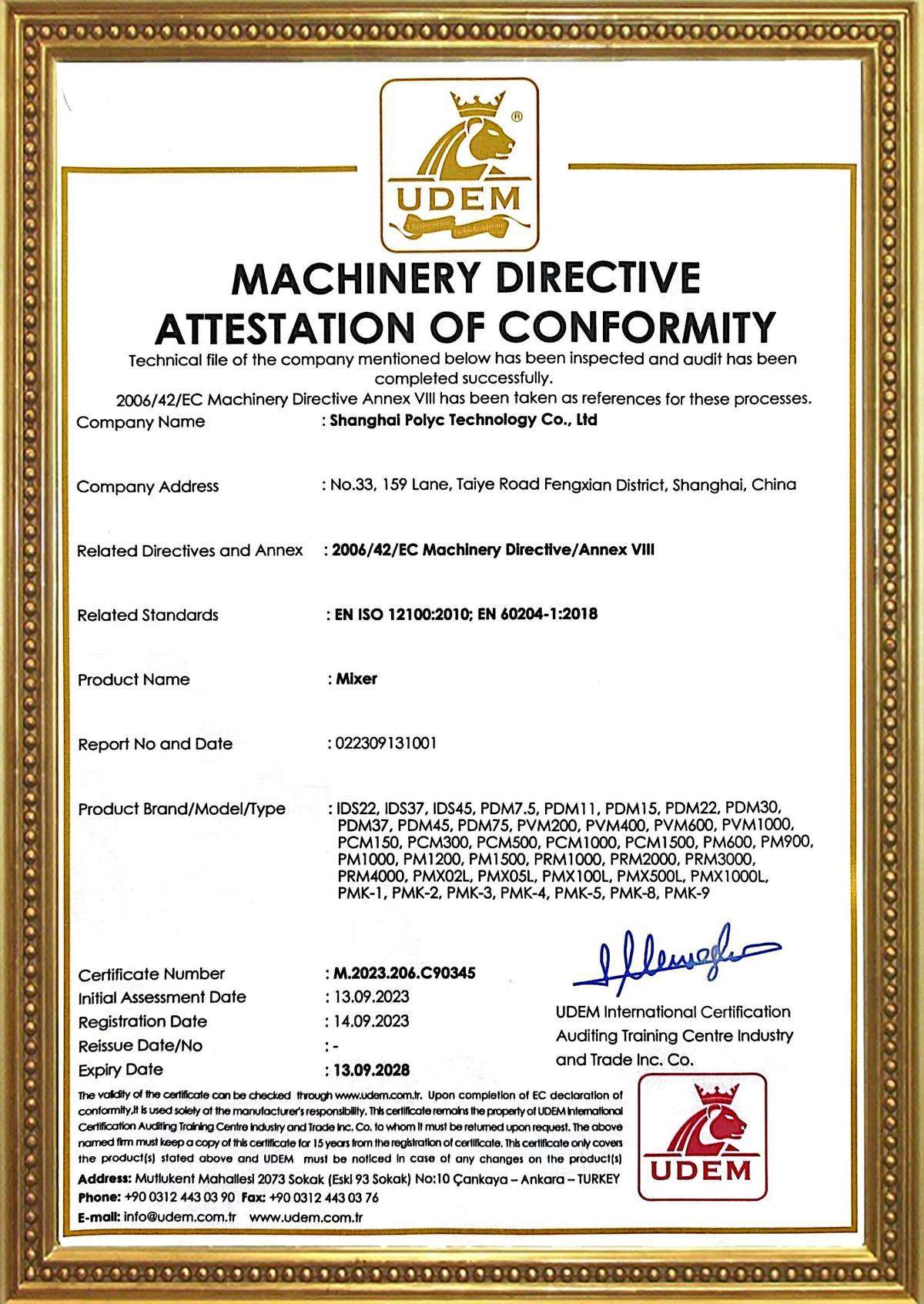 CE Machinery Directive Attestation: Mixer