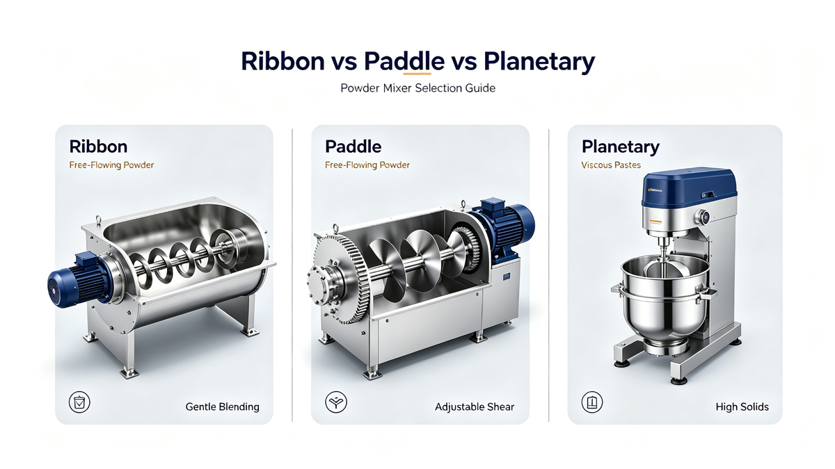 Powder mixer selection guide comparing ribbon, paddle and planetary mixers for dry powder blending